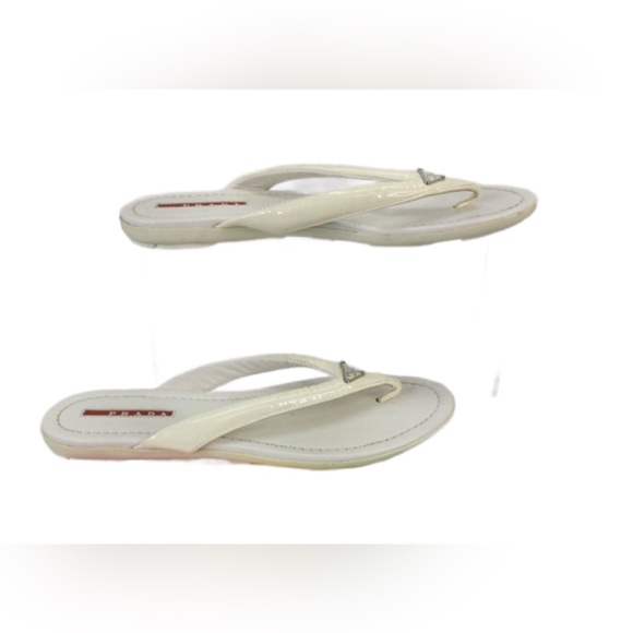 PRADA Ivory Patent Leather Slip-On Flip Flop Sandals Size 37/6.5